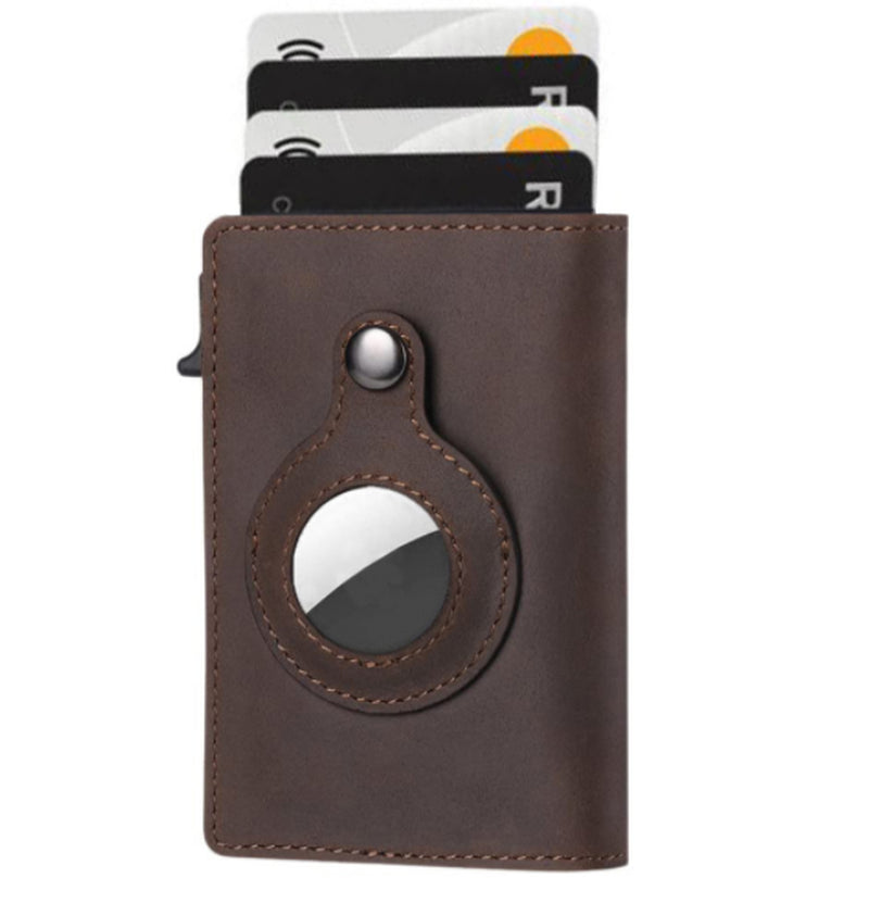 Slim Leather Airtag Wallet - Anti-Theft RFID Card Holder for Men - Multi-Functional Bullet Card Bag