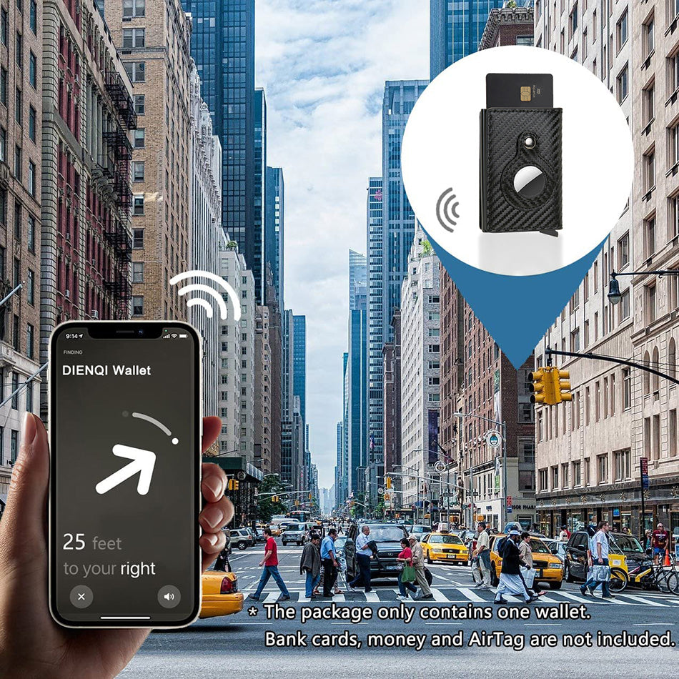 Slim Leather Airtag Wallet - Anti-Theft RFID Card Holder for Men - Multi-Functional Bullet Card Bag